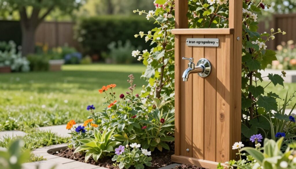 A beautifully arranged garden scene featuring a modern garden tap ("kran ogrodowy") installed at a practical height. In the foreground, the sleek chrome faucet gleams under soft, natural sunlight, surrounded by vibrant green plants and colorful flowers. The middle ground showcases a stylish wooden structure designed to aesthetically conceal the tap, harmonizing with the garden setting. Delicate trellises covered in flowering vines add charm and character. In the background, a well-maintained lush lawn stretches out, framed by trees, creating a serene atmosphere. The image captures a warm, inviting mood, emphasizing the functionality and design aspects of the garden installation. The composition is shot from a slightly elevated angle, using a shallow depth of field to keep the focus on the tap while softly blurring the background elements.