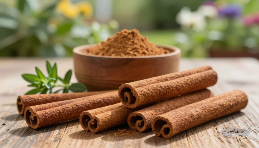 A beautifully arranged setting featuring vibrant cinnamon sticks in the foreground, artistically scattered over a rustic wooden surface. The cinnamon sticks are fresh and aromatic, showcasing their rich brown color and distinctive texture. In the middle ground, a small wooden bowl filled with powdered cinnamon sits next to a few sprigs of fresh herbs, symbolizing their usage as a natural barrier against ants. The background is softly blurred, featuring a sunlit, lush garden view that hints at various plants and flowers, enhancing the natural atmosphere. Soft, warm lighting filters through, casting gentle shadows, evoking a cozy, inviting mood that represents the harmony between nature and home remedies.