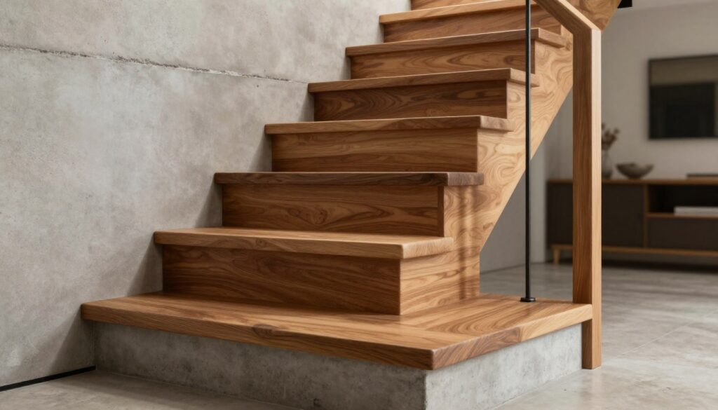 A beautifully crafted wooden staircase installed on a sturdy concrete base, showcasing a seamless blend of materials. The foreground features detailed wooden steps with a rich grain finish and well-defined edges, while a contrasting textured concrete wall serves as the backdrop. Subtle lighting highlights the natural beauty of the wood, casting gentle shadows that accentuate the staircase's design. In the middle ground, a sleek, modern balustrade complements the staircase, further enhancing the elegance of the scene. The overall atmosphere is warm and inviting, evoking a sense of contemporary home elegance. The angle of the composition should focus on the staircase from a low perspective, emphasizing its height and craftsmanship, against a softly blurred interior space that suggests a stylish living environment. A beautifully crafted wooden staircase installed on a sturdy concrete base, showcasing a seamless blend of materials. The foreground features detailed wooden steps with a rich grain finish and well-defined edges, while a contrasting textured concrete wall serves as the backdrop. Subtle lighting highlights the natural beauty of the wood, casting gentle shadows that accentuate the staircase's design. In the middle ground, a sleek, modern balustrade complements the staircase, further enhancing the elegance of the scene. The overall atmosphere is warm and inviting, evoking a sense of contemporary home elegance. The angle of the composition should focus on the staircase from a low perspective, emphasizing its height and craftsmanship, against a softly blurred interior space that suggests a stylish living environment.