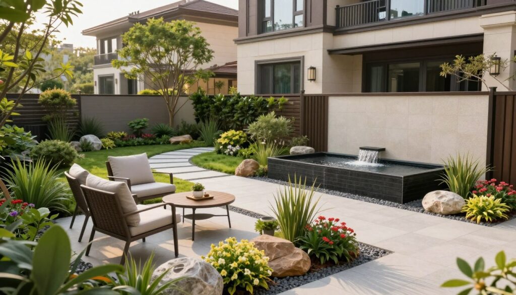 A beautifully designed front garden showcasing functional areas in a residential setting. In the foreground, a cozy seating area with elegant outdoor furniture, surrounded by colorful flowering plants and decorative stones. The middle of the garden features a structured path lined with lush greenery, leading to a stylish water feature that adds a calming element. In the background, a modern house with large windows and tasteful architectural details complements the garden design. Soft, natural sunlight illuminates the scene, creating a warm and inviting atmosphere. The image captures a serene and harmonious landscape, emphasizing the balance between functionality and aesthetics, ideal for a welcoming front garden.