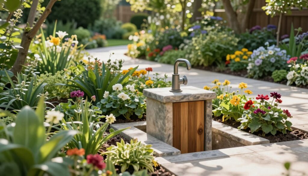 A beautifully designed garden showcasing a well-integrated faucet, surrounded by lush greenery and vibrant flower beds, emphasizing its aesthetic appeal. In the foreground, the faucet is elegantly concealed within a stylish wooden or stone enclosure, blending harmoniously with the garden's natural elements. The middle ground features blooming plants that complement the outdoor setting, while soft sunlight filters through the trees, casting gentle shadows. In the background, a serene garden path winds through a variety of flowers, enhancing the tranquil atmosphere. The scene is captured from a slightly elevated angle, using a wide-angle lens to showcase the full beauty of the landscape. The mood is inviting and peaceful, illustrating the importance of thoughtful design and functionality in an outdoor space.