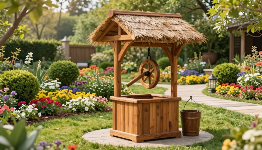 A beautifully designed garden well, surrounded by a lush and vibrant landscape. In the foreground, a carefully constructed wooden well with a thatched roof, made from high-quality materials available in hardware stores. The well has an ornate wooden pulley and a bucket, exuding a rustic charm. In the middle ground, blooming flowers and manicured shrubs add color to the scene, while tasteful garden decor, such as stone pathways and lanterns, enhances the aesthetic. The background features a soft-focus view of trees and gentle sunlight filtering through leaves, creating a warm, inviting atmosphere. The image is bright and vibrant, shot from a slightly elevated angle to provide a comprehensive view of the well and its surroundings, showcasing both beauty and safety in garden design.