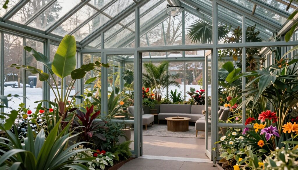 A beautifully designed winter garden, showcasing a modern glass structure filled with lush tropical plants and vibrant flowers. In the foreground, emphasize the intricate details of the glass panels and sturdy frames made from aluminum, reflecting the sunlight. The middle layer features a cozy seating area with elegant, understated furniture, perfect for enjoying the serene atmosphere. In the background, a snowy landscape lightly contrasts with the warmth of the garden, illuminated by soft, natural lighting that enhances the vibrant colors of the plants. Capture this scene from a slightly elevated angle, highlighting the spaciousness and inviting feel of the winter garden, evoking tranquility and comfort.