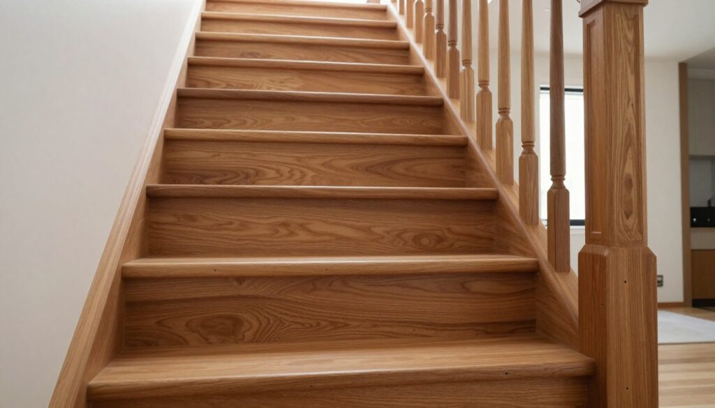 A beautifully finished wooden staircase, showcasing the integration of various surface treatments including polished wood and subtle matte sections for contrast. In the foreground, display the detailed textures of the wood grains, highlighting intricate joinery and craftsmanship. The middle ground captures the full staircase, ascending with elegant lines, accompanied by a well-designed balustrade that complements the wooden steps. Soft, diffused natural light filters in from a nearby window, accentuating the warmth of the wood and creating gentle shadows for depth. In the background, a minimalist interior design enhances the staircase, suggesting sophistication and modernity. The overall mood is inviting and professional, suitable for a home renovation context, devoid of any text or human presence. A beautifully finished wooden staircase, showcasing the integration of various surface treatments including polished wood and subtle matte sections for contrast. In the foreground, display the detailed textures of the wood grains, highlighting intricate joinery and craftsmanship. The middle ground captures the full staircase, ascending with elegant lines, accompanied by a well-designed balustrade that complements the wooden steps. Soft, diffused natural light filters in from a nearby window, accentuating the warmth of the wood and creating gentle shadows for depth. In the background, a minimalist interior design enhances the staircase, suggesting sophistication and modernity. The overall mood is inviting and professional, suitable for a home renovation context, devoid of any text or human presence.