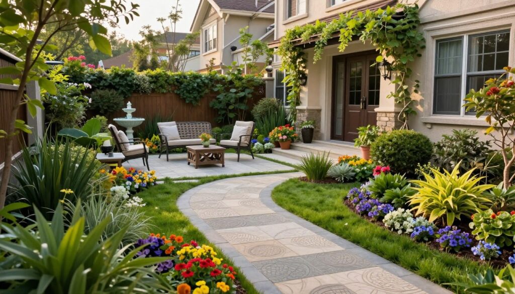 A beautifully landscaped front garden in a suburban setting, featuring distinct functional zones. In the foreground, a well-defined pathway made of decorative stones winds through lush greenery, bordered by colorful flower beds and ornamental shrubs. In the middle ground, a cozy seating area with elegant garden furniture invites relaxation, surrounded by vibrant plants and a small decorative fountain. The background showcases a charming home with inviting architecture, framed by climbing vines and tall trees. The scene is bathed in soft, warm sunlight, creating a serene and welcoming atmosphere. The angle captures the garden from slightly above, providing a comprehensive view of the functional design elements.
