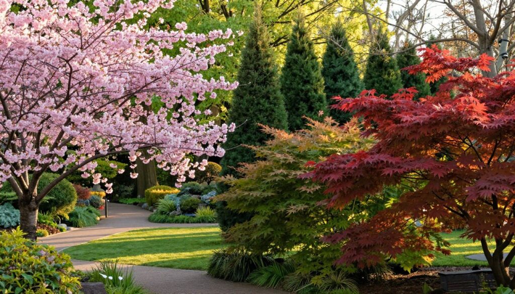 A beautifully landscaped garden featuring a variety of ornamental trees, each selected to reflect distinct garden styles. In the foreground, a majestic flowering cherry tree bursts with pink blossoms, its branches swaying gently in the breeze. The middle ground showcases a mix of tall columnar evergreens and vibrant Japanese maples with rich red and green foliage, harmonizing with the surrounding flora. In the background, a serene pathway winds through lush greenery under soft golden sunlight, casting gentle shadows that enhance the tranquil atmosphere. The scene is captured from a slight angle, emphasizing depth and texture, creating a peaceful and inviting garden setting ideal for contemplation and inspiration.