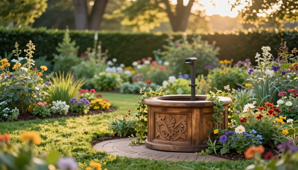 A beautifully landscaped garden featuring a well cover, designed to blend seamlessly with the surroundings. In the foreground, a rustic wooden well cover with intricate carvings, adorned with creeping vines and colorful flowers. The middle ground showcases a variety of flowering plants and shrubs, artfully arranged to enhance the aesthetic appeal, while also ensuring accessibility to the well. In the background, lush greenery and tall trees bathe in warm, golden sunlight, creating a peaceful, inviting atmosphere. The scene is captured with a shallow depth of field, focusing on the well cover, with a soft bokeh effect highlighting the garden’s tranquility. The overall mood is serene and harmonious, emphasizing careful design choices to avoid common mistakes in well disguising. A beautifully landscaped garden featuring a well cover, designed to blend seamlessly with the surroundings. In the foreground, a rustic wooden well cover with intricate carvings, adorned with creeping vines and colorful flowers. The middle ground showcases a variety of flowering plants and shrubs, artfully arranged to enhance the aesthetic appeal, while also ensuring accessibility to the well. In the background, lush greenery and tall trees bathe in warm, golden sunlight, creating a peaceful, inviting atmosphere. The scene is captured with a shallow depth of field, focusing on the well cover, with a soft bokeh effect highlighting the garden’s tranquility. The overall mood is serene and harmonious, emphasizing careful design choices to avoid common mistakes in well disguising.