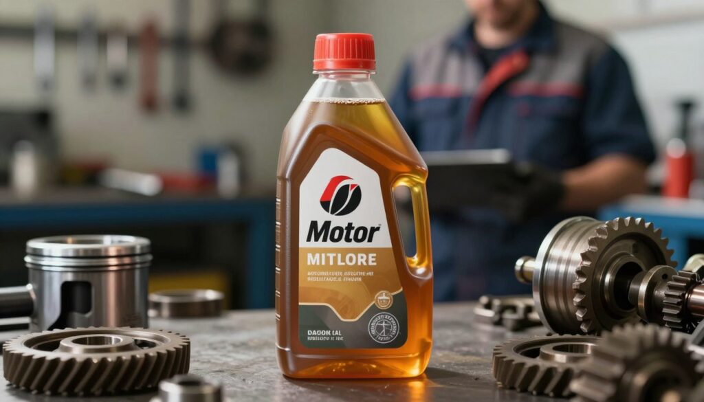 A bottle of motor oil, prominently displayed in the foreground, with rich, amber liquid reflecting light to showcase its viscous texture. Surrounding the bottle, various engine components like gears and pistons hinting at the internal workings of machinery. In the background, a blurred mechanic's workshop with tools neatly arranged, subtly indicating a professional environment related to automotive maintenance. Soft, diffused lighting casts gentle shadows, creating a serious and informative mood. The angle focuses on the bottle with a shallow depth of field, emphasizing motor oil while suggesting caution regarding additives that may harm engines. No text or additional elements present, ensuring a clean and professional presentation.