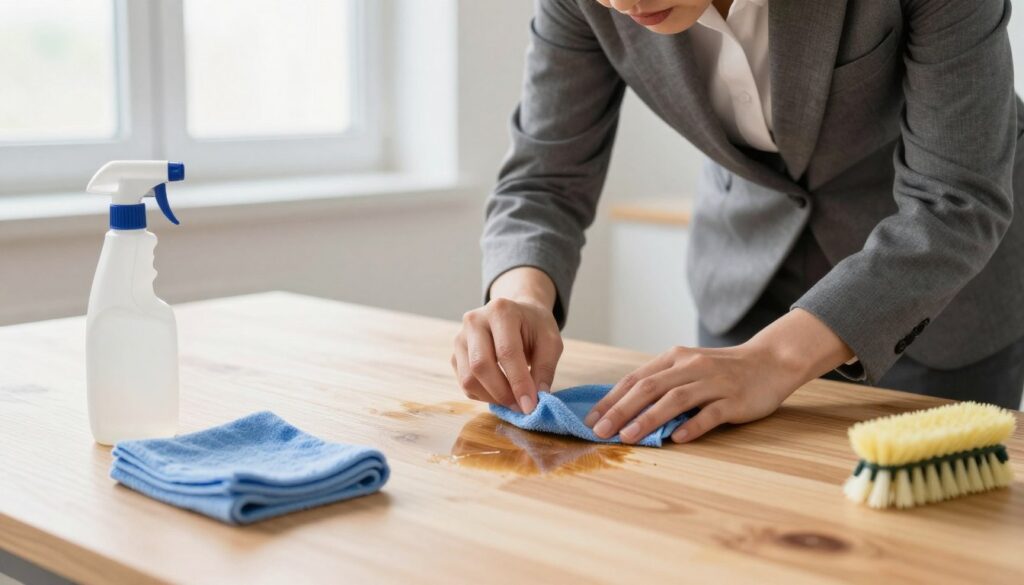 A bright and well-lit indoor workspace showcasing a professional-looking person in business attire, focused on removing solvent stains from a wooden table. In the foreground, there are various cleaning supplies such as a bottle of solvent, a microfiber cloth, and a small scrub brush. The middle ground features the wooden table with noticeable solvent stains, emphasizing the urgency of the situation. Soft, natural light streams in from a window in the background, creating a calm atmosphere despite the emergency. The angle captures both the person’s determined expression and the stained surface, highlighting the challenge of the task. Overall, the image evokes a sense of professionalism and problem-solving in a time-sensitive situation. A bright and well-lit indoor workspace showcasing a professional-looking person in business attire, focused on removing solvent stains from a wooden table. In the foreground, there are various cleaning supplies such as a bottle of solvent, a microfiber cloth, and a small scrub brush. The middle ground features the wooden table with noticeable solvent stains, emphasizing the urgency of the situation. Soft, natural light streams in from a window in the background, creating a calm atmosphere despite the emergency. The angle captures both the person’s determined expression and the stained surface, highlighting the challenge of the task. Overall, the image evokes a sense of professionalism and problem-solving in a time-sensitive situation.
