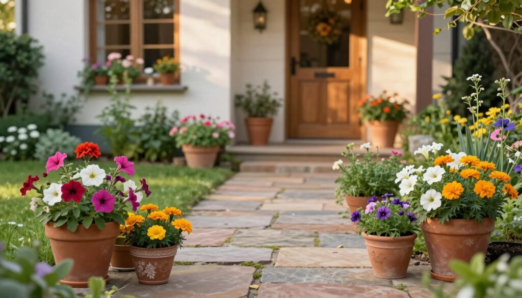 A charming garden scene showcasing vibrant seasonal plants in decorative pots placed neatly in front of a cozy, welcoming home. In the foreground, various colorful flowers like petunias, geraniums, and marigolds bloom in well-arranged terracotta and ceramic pots. The middle ground features a path made of natural stone leading toward the entrance, bordered by lush greenery and seasonal herbs in smaller pots. In the background, a cozy house with a well-kept facade and a wooden door, lightly illuminated by soft, warm afternoon sunlight to create an inviting atmosphere. The angle captures the scene from a slightly elevated view, providing a sense of depth and tranquility. The overall mood is serene and welcoming, embodying the essence of a well-planned garden.