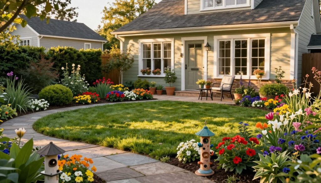 A charming home garden in front of a cozy house, showcasing a well-balanced arrangement of colorful flowers, shrubs, and a neatly trimmed lawn. In the foreground, friendly garden elements like decorative stone pathways and charming bird feeders invite a sense of warmth and welcome. The middle section features neatly organized flower beds, vibrant blooms, and a small seating area with tasteful outdoor furniture under dappled sunlight, creating an inviting atmosphere. In the background, a quaint, cheerful house complements the vibrant garden. Capture the scene during golden hour, with soft, warm lighting emphasizing the natural beauty of the flora and the inviting facade of the home. The overall mood should be serene and picturesque, illustrating the essence of a well-designed entrance garden.