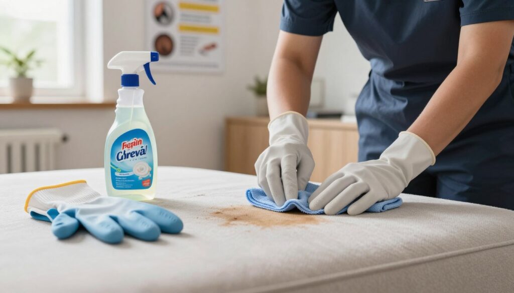 A clean and organized workspace focused on safety while cleaning a stain from upholstery. In the foreground, a pair of professional gloves rests beside a bottle of a biodegradable stain remover, emphasizing careful handling of materials. The middle ground showcases a person wearing modest, professional attire carefully applying the cleaner to a textile surface with a soft cloth, demonstrating proper technique. The background features a well-lit room with natural light streaming through a window, illuminating safety posters about stain removal techniques and material protection. The overall atmosphere conveys a sense of diligence and responsibility, highlighting safety measures and a methodical approach to maintaining fabric integrity during cleaning efforts.