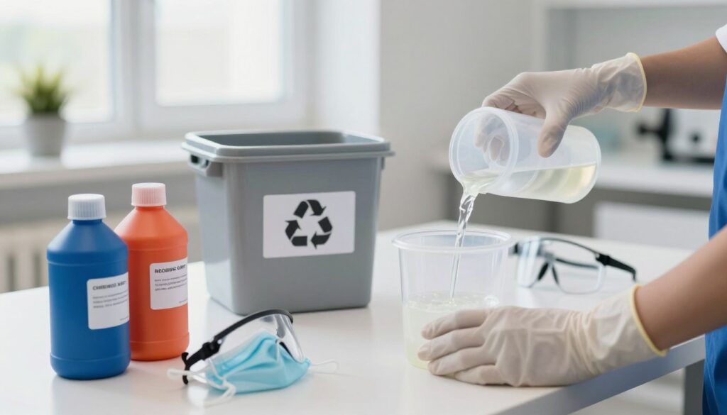 A clean, well-organized workspace featuring a tabletop with several containers of used acrylic paint solvents, some with labels. In the foreground, a pair of gloved hands carefully pouring leftover solvent into a designated hazardous waste container, showcasing proper disposal methods. In the middle ground, a recycling bin labeled for chemical waste, surrounded by safety equipment like goggles and masks, emphasizing safety precautions. The background includes a bright, illuminated room with large windows, letting in natural light that enhances the safe and professional atmosphere. Use a soft focus for depth, capturing a sense of responsible workplace practices while maintaining a clean, inviting ambiance.