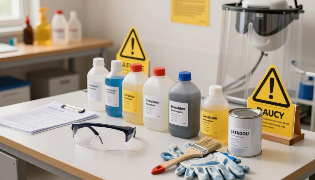 A clean, well-organized workspace featuring a variety of chemical safety equipment and solvent containers. In the foreground, a pair of safety goggles and gloves lie beside a paintbrush and a can of synthetic resin-based paint. The middle ground shows a neatly arranged set of labeled solvent bottles, surrounded by caution signs and safety data sheets. The background includes a well-lit workspace with a shielded area for protective equipment, highlighting a focus on safety measures. Soft, warm lighting enhances the atmosphere, creating a professional yet inviting mood. The angle captures a slight top-down view, emphasizing the orderly arrangement of tools and the importance of safety in handling chemical substances.