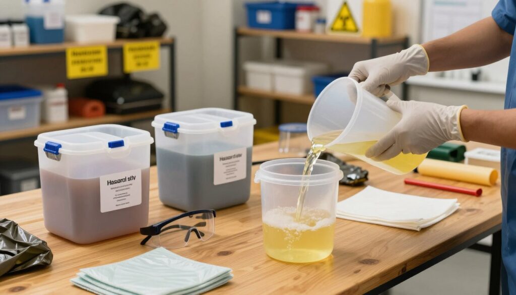 A clean, well-organized workspace focused on the preparation of hazardous chemical waste for transport. In the foreground, there is a sturdy wooden table with several containers of various sizes, clearly labeled as hazardous. A pair of gloved hands is using a funnel to pour a bright, colored liquid into a sealed plastic container, illustrating careful handling of chemicals. In the middle ground, there are additional containers with lids, safety goggles, and protective materials like trash bags and absorbent pads. The background features shelves stocked with safety equipment and colorful warning signs, emphasizing safety protocols. Warm, diffused lighting creates a professional atmosphere, highlighting the importance of safety in hazardous waste management. The angle is slightly above the workspace, giving a comprehensive view of the setup while maintaining focus on the preparation process. A clean, well-organized workspace focused on the preparation of hazardous chemical waste for transport. In the foreground, there is a sturdy wooden table with several containers of various sizes, clearly labeled as hazardous. A pair of gloved hands is using a funnel to pour a bright, colored liquid into a sealed plastic container, illustrating careful handling of chemicals. In the middle ground, there are additional containers with lids, safety goggles, and protective materials like trash bags and absorbent pads. The background features shelves stocked with safety equipment and colorful warning signs, emphasizing safety protocols. Warm, diffused lighting creates a professional atmosphere, highlighting the importance of safety in hazardous waste management. The angle is slightly above the workspace, giving a comprehensive view of the setup while maintaining focus on the preparation process.
