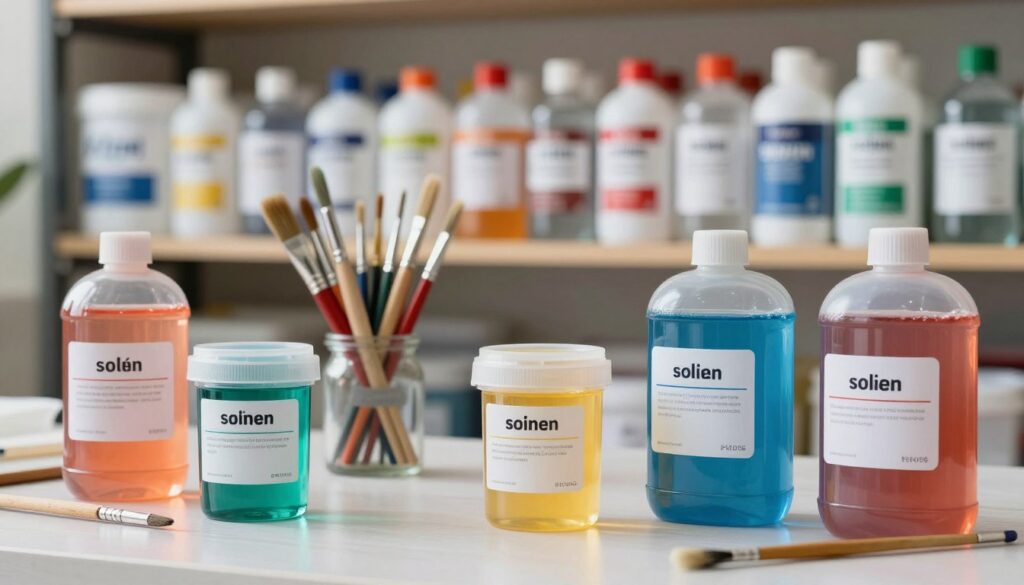 A clean, well-organized workspace showcasing various types of solvents used for thinning synthetic resin paints. In the foreground, there are several open containers of solvents with clear labels, some with colorful liquids reflecting light. The middle ground features a set of paintbrushes and tools, some slightly stained, hinting at previous use. The background showcases a shelf lined with different brands of synthetic resin and cleaning agents, with soft, natural lighting emphasizing their clarity and color. The overall atmosphere is professional and informative, aiming to provide an understanding of solvent selection for artistic projects. The scene should evoke a sense of careful preparation and attention to detail.