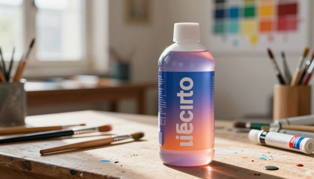 A clear and detailed depiction of a container of nitro solvent, prominently placed in the foreground, showcasing its sleek, cylindrical design with a tightly sealed cap. The solvent is a vibrant color, reflecting its chemical properties, sitting on a workbench scattered with paintbrushes and paint tubes, hinting at its use in art and crafts. In the middle ground, an artist's workspace with light spilling in from a nearby window, casting soft shadows and highlighting the textures of the wooden surfaces. The background features a wall adorned with various paint splatters and color swatches, creating a dynamic and creative atmosphere. The overall lighting is warm and inviting, adding a sense of professionalism and focus to the scene.
