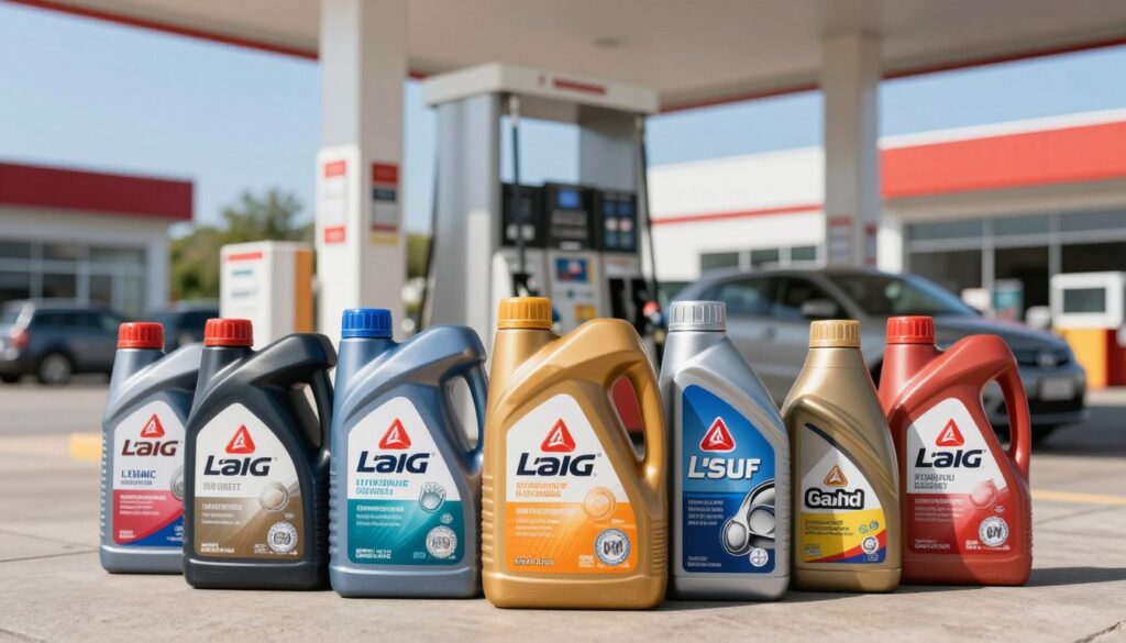 A clear and detailed image of various types of engine oil bottles displayed prominently at a fuel station forecourt. In the foreground, several bottles of different engine oils can be seen, featuring distinct colors and labels that represent various brands and viscosity grades. The middle ground includes a fuel pump, suggesting a bustling gas station environment, while the background features blurred images of vehicles and a bright blue sky, creating a lively atmosphere. The lighting is bright and natural, simulating midday sun, which enhances the colors of the oil bottles. The scene is shot from a slightly low angle to give depth, emphasizing the array of products available. The mood is informative and engaging, perfect for an article about engine oil types.