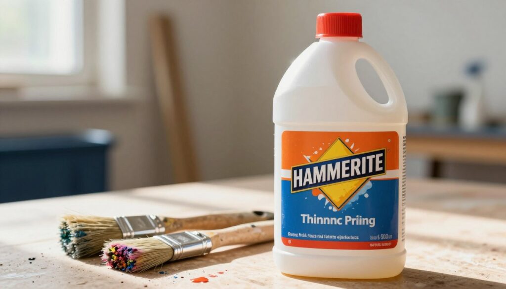 A clear, close-up view of a bottle of solvent designed for Hammerite paint, prominently displayed in the foreground. The bottle has a vibrant label featuring the Hammerite logo, showcasing its purpose for thinning paint and cleaning tools. In the middle ground, a small collection of paintbrushes and cleaning tools lay beside the bottle, some showing signs of use with paint stains and splatters. The background features a softly blurred workshop environment, illuminated by natural light streaming through a nearby window, creating a warm and inviting atmosphere. The overall mood conveys practicality and professionalism, emphasizing the importance of the solvent in the painting process.