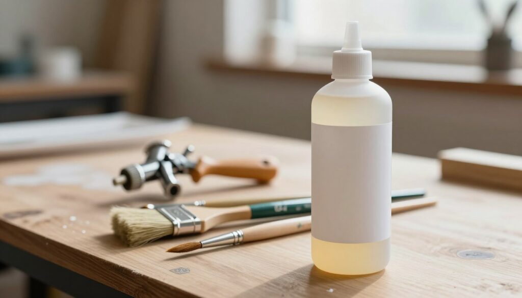 A clear, high-resolution image of a professional-grade synthetic resin thinner bottle, prominently displayed in the foreground. The bottle should have a sleek modern design, with a subtle label indicating its purpose without any text. In the middle ground, paint tools, such as a brush and a spray gun, are laid out neatly, highlighting their importance in the painting process. The background features a softly blurred workshop environment, with wooden surfaces and tools, suggesting a professional setting. Soft natural lighting filters in from a window, casting gentle shadows and creating an inviting atmosphere. The overall mood should be professional and focused, conveying the importance of choosing the right solvent for painting tasks. A clear, high-resolution image of a professional-grade synthetic resin thinner bottle, prominently displayed in the foreground. The bottle should have a sleek modern design, with a subtle label indicating its purpose without any text. In the middle ground, paint tools, such as a brush and a spray gun, are laid out neatly, highlighting their importance in the painting process. The background features a softly blurred workshop environment, with wooden surfaces and tools, suggesting a professional setting. Soft natural lighting filters in from a window, casting gentle shadows and creating an inviting atmosphere. The overall mood should be professional and focused, conveying the importance of choosing the right solvent for painting tasks.