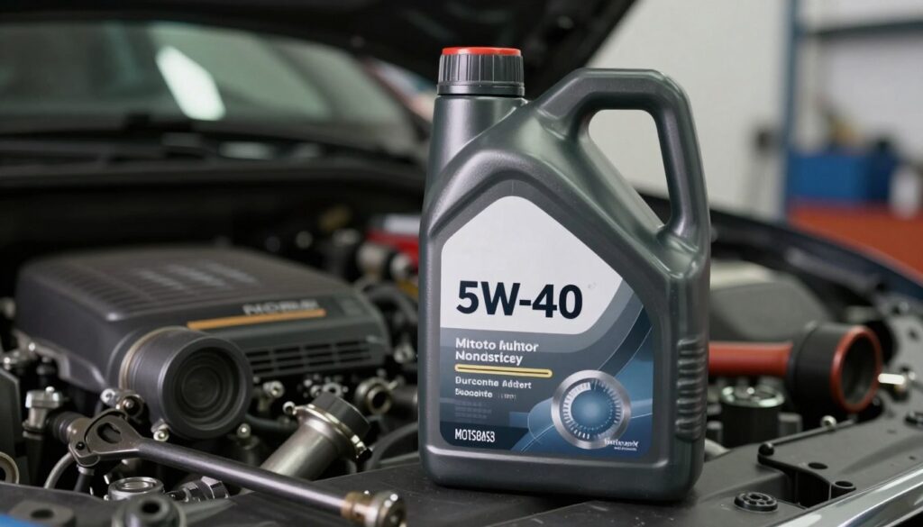 A close-up composition focusing on a bottle of 5W-40 motor oil, featured prominently in the foreground with a sleek, modern label design showcasing its viscosity rating. The bottle should be surrounded by various tools and mechanical components, reflecting the theme of engine maintenance. In the middle ground, include a blurred engine bay to emphasize the oil's relevance to automotive engineering. The background can consist of a garage setting with soft, ambient lighting that highlights reflections on the oil bottle. The atmosphere should feel technical and informative, evoking a sense of professionalism and precision, showcasing the importance of chemical composition in motor oils. Capture the image from a slightly elevated angle, using a lens that brings clarity to the details while maintaining a soft focus on the background elements.