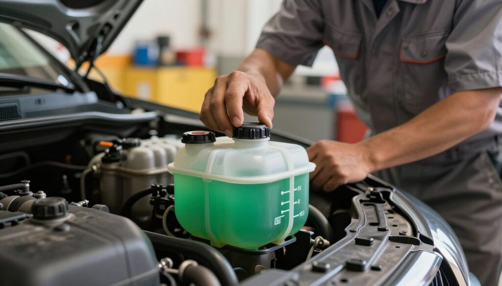 A close-up image of a car’s coolant reservoir, showing the coolant level marked against clear indicators. The foreground features a well-maintained engine bay with shiny metal components and a clear view of the reservoir tank, revealing bright green coolant inside. In the middle ground, a professional mechanic in a simple, modest uniform can be seen gently adjusting the reservoir cap, focused on the task. The background consists of blurred automotive tools and a garage setting, warmly lit with soft ambient lighting to create a welcoming atmosphere. The overall mood is one of precision and care, emphasizing the importance of maintaining vehicle safety and proper coolant levels.