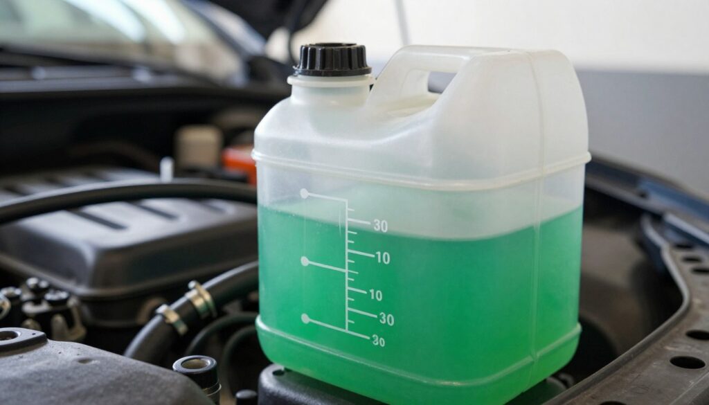 A close-up image of a coolant reservoir tank, featuring the vibrant green coolant fluid at varying levels. The foreground should highlight the clear measurement markings on the side of the transparent reservoir, showcasing different levels and appearances of the fluid. In the middle ground, include a clean engine compartment, with metal components and hoses reflecting soft natural light. The background should show a blurred workshop environment, conveying a sense of mechanics and maintenance. The lighting should be bright but diffused, creating an informative yet calming atmosphere. The image should capture attention through its focus on the coolant level while ensuring clarity and detail in the mechanics around it. No text or logos should be included.