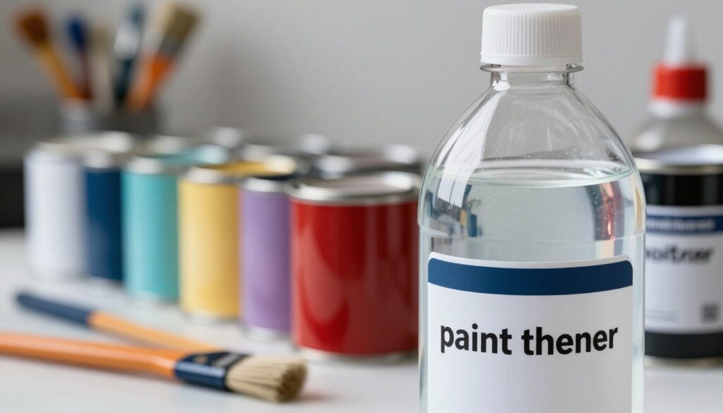 A close-up image of a transparent liquid in a sleek container labeled "paint thinner" for automotive use, positioned prominently in the foreground. The liquid should have a slight shimmer, reflecting light to signify its chemical nature. In the middle ground, an array of automotive paint cans in various colors, indicating the diversity of coatings used in car finishing. The background features a workshop setting, with tools and brushes neatly arranged, softly focused to maintain the viewer's attention on the foreground. The lighting should be bright and clean, evoking a sense of professionalism and clarity, captured with a shallow depth of field to enhance focus on the paint thinner and its context in automotive refinishing. The mood is informative and technical, ideal for a specialized article on automotive paint solvents.