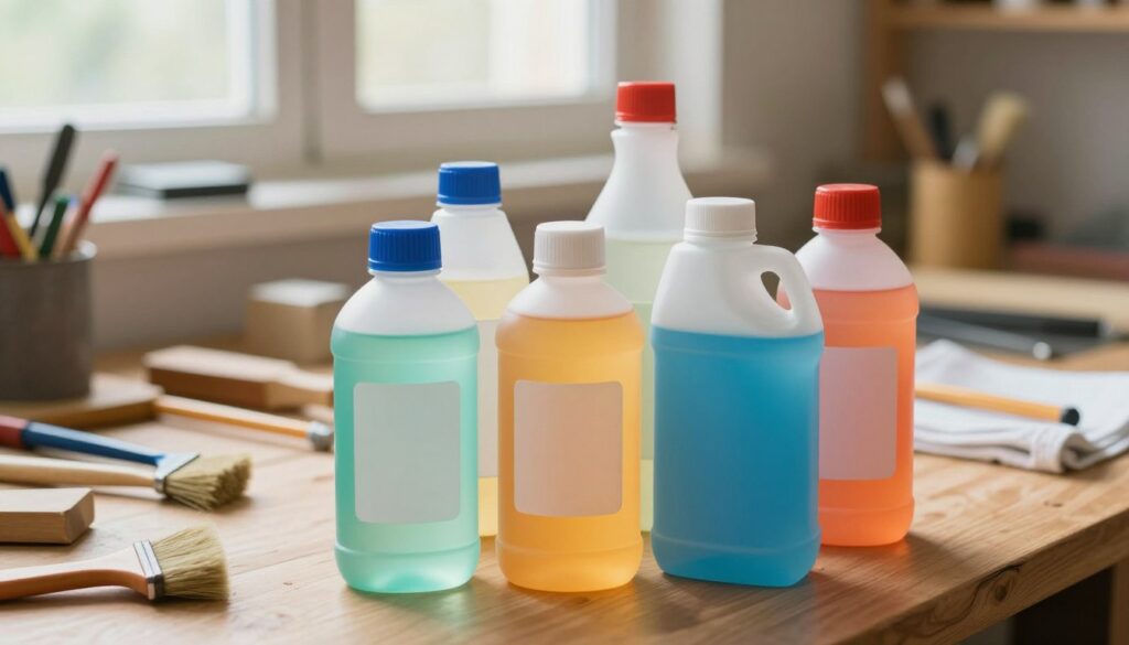 A close-up image showcasing various types of solvents, including bottles with clear labels in a home workshop setting. In the foreground, focus on several colorful solvent containers arranged neatly, highlighting their different shapes and sizes. The middle ground features a wooden workbench cluttered with common household tools, like brushes and rags, suggesting practical use. In the background, soft natural light filters through a window, illuminating the workspace and creating a warm, inviting atmosphere. A shallow depth of field emphasizes the solvents, blurring the details of the tools slightly, while keeping an overall clean and organized appearance. This image conveys a sense of creativity and practicality in home and workshop environments.