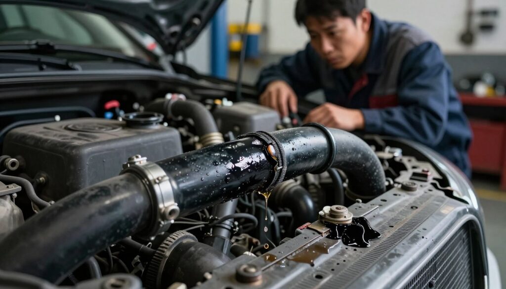 A close-up of a car's cooling system, focusing on a visible coolant leak dripping from a cracked radiator hose. In the foreground, the hose is depicted in detail, showcasing the glossy, wet surface of the coolant pooling on the ground. The middle ground features the engine compartment with scattered tools and a mechanic wearing professional work attire, examining the situation with concern. In the background, a dimly lit garage reveals various automotive equipment, hinting at a working environment. The atmosphere is tense, with dramatic lighting casting shadows to emphasize the potential danger of driving with a faulty cooling system, conveying urgency and the seriousness of the risk involved.