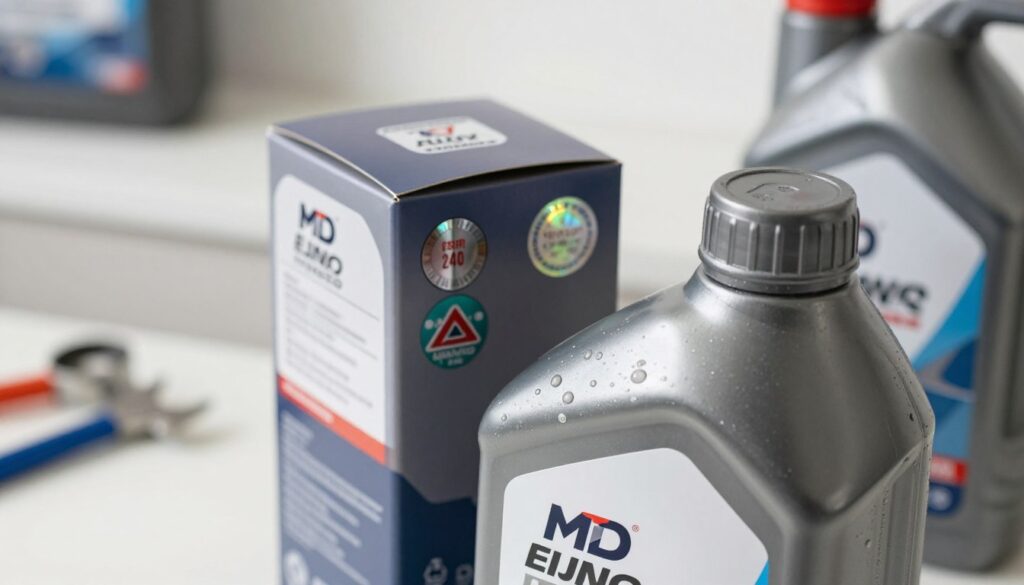 A close-up of a high-quality motor oil package designed for authenticity, prominently displaying security features like holograms and tamper-proof seals. The foreground features a sleek, modern bottle with a shiny finish, showcasing a brand logo. In the middle, an open box reveals details about the packaging, including safety seals and certification marks. The background is softly blurred, featuring a clean, modern workspace with tools and oil change equipment, enhancing the attentive atmosphere. The image is illuminated with soft, natural light to highlight the textures and details of the bottle and packaging. The overall mood is professional, emphasizing clarity and authenticity in motor oil identification.