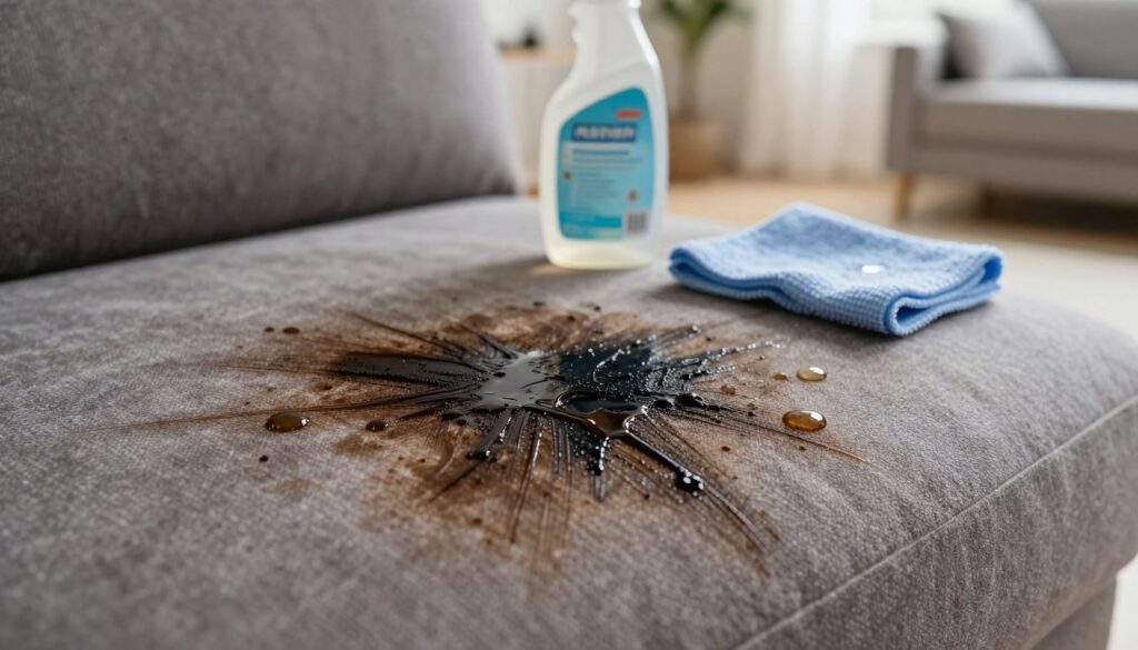 A close-up of a plush upholstered couch with a noticeable oil stain, depicting various shades of dark brown and black grease penetrating the fabric fibers. In the foreground, showcase the stain’s intricate details, including reflections of light highlighting its wetness. The middle ground includes a cleaning solution bottle, a microfiber cloth, and a few water droplets for a realistic touch. In the background, softly blurred, a well-lit modern living room setting offers a contrast to the stain, creating an inviting atmosphere. Utilize soft, natural lighting to emphasize texture and focus on the cleaning effort. Aim for an informative yet engaging mood, demonstrating the challenges of removing oil stains while maintaining a professional appearance. A close-up of a plush upholstered couch with a noticeable oil stain, depicting various shades of dark brown and black grease penetrating the fabric fibers. In the foreground, showcase the stain’s intricate details, including reflections of light highlighting its wetness. The middle ground includes a cleaning solution bottle, a microfiber cloth, and a few water droplets for a realistic touch. In the background, softly blurred, a well-lit modern living room setting offers a contrast to the stain, creating an inviting atmosphere. Utilize soft, natural lighting to emphasize texture and focus on the cleaning effort. Aim for an informative yet engaging mood, demonstrating the challenges of removing oil stains while maintaining a professional appearance.