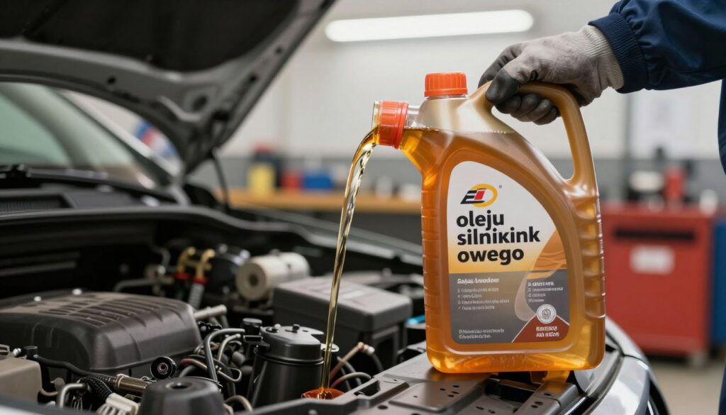 A close-up shot of a bottle of engine oil, titled "oleju silnikowego," prominently displayed in the foreground. The bottle, with clear labels showcasing viscosity ratings and quality standards, is semi-transparent, revealing the rich amber liquid inside. In the middle ground, a mechanic's hands, adorned with gloves, are pouring the oil into an engine compartment of a car, illustrating the practical usage of the product. The background features a neatly organized garage with tools and a workbench, softly illuminated by overhead lights creating a warm, inviting atmosphere. The image conveys a sense of professionalism and care, emphasizing the importance of proper oil maintenance for vehicle longevity.