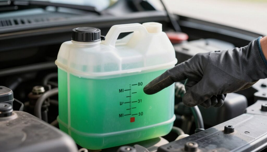 A close-up shot of a car's coolant reservoir, featuring a clearly marked coolant level scale. The foreground highlights the translucent plastic reservoir filled with bright green coolant fluid, showcasing the level in relation to the minimum and maximum indicators. In the middle ground, a hand in a professional mechanic's glove is gently pointing at the coolant level, emphasizing the act of checking the fluid. The background subtly displays parts of the engine bay, with metallic components softly blurred to keep attention on the coolant reservoir. The lighting is bright and natural, creating a clean and informative atmosphere, with soft shadows to add depth. This composition conveys professionalism and clarity, focusing on the essential task of checking coolant levels.