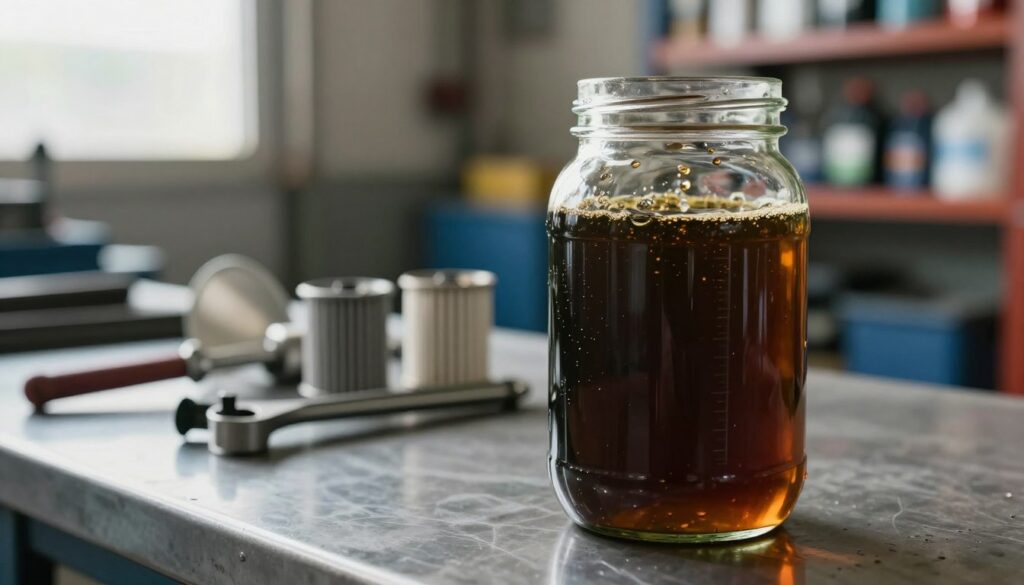 A close-up shot of a clear glass jar filled with used motor oil, displaying the oil's dark hue and viscous texture. In the foreground, the jar is placed on a metallic workbench, with reflections of soft, diffused light highlighting its surface. In the middle ground, a set of clean tools, such as an oil filter wrench and funnel, are arranged neatly, suggesting a context of routine maintenance. The background features a soft-focus glimpse of a functional garage setting with shelves of automotive supplies. The atmosphere is serious yet informative, capturing the importance of understanding motor oil aging. Natural light filters in from a window, enhancing the clarity and detail of the scene without any text, creating an engaging visual for a technical topic.