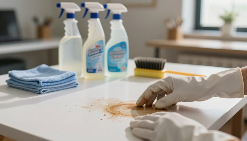 A close-up shot of a distressed surface showing a visible stain from a solvent, set in a softly lit room to evoke a sense of concern. In the foreground, a pair of professional hands, wearing protective gloves, are hesitantly hovering over the stain, symbolizing indecision about cleaning. The middle ground features an array of cleaning supplies neatly organized, including a bottle labeled "professional cleaner," a microfiber cloth, and brushes, suggesting alternative solutions to DIY cleaning. The background consists of a softly blurred image of a disheveled workspace, including a desk and creative tools, contributing to a slightly chaotic atmosphere. The natural lighting casts gentle shadows, emphasizing the seriousness of the situation without overwhelming the viewer. A close-up shot of a distressed surface showing a visible stain from a solvent, set in a softly lit room to evoke a sense of concern. In the foreground, a pair of professional hands, wearing protective gloves, are hesitantly hovering over the stain, symbolizing indecision about cleaning. The middle ground features an array of cleaning supplies neatly organized, including a bottle labeled "professional cleaner," a microfiber cloth, and brushes, suggesting alternative solutions to DIY cleaning. The background consists of a softly blurred image of a disheveled workspace, including a desk and creative tools, contributing to a slightly chaotic atmosphere. The natural lighting casts gentle shadows, emphasizing the seriousness of the situation without overwhelming the viewer.