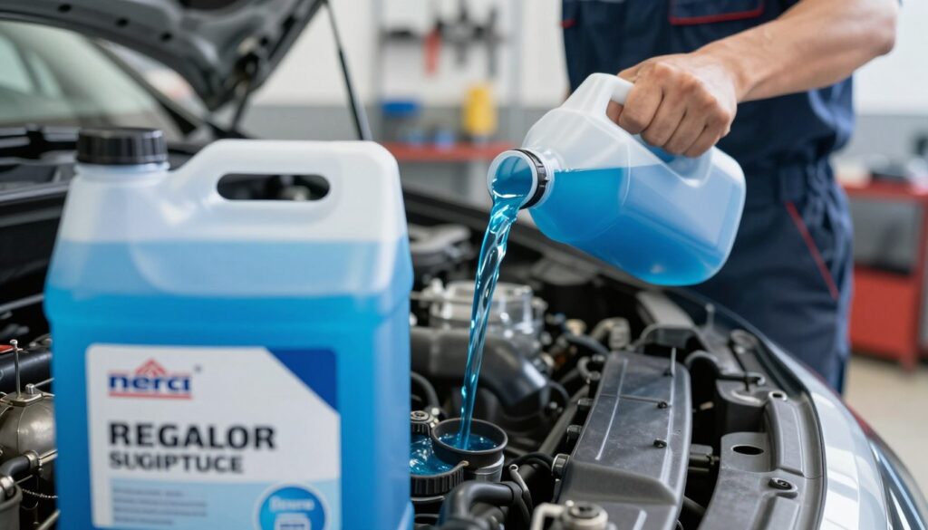 A close-up view of a bright blue coolant fluid in a transparent container, showcasing its vibrant color and clarity. The foreground features the container with labels that suggest it's a high-quality coolant. In the middle ground, a mechanic in professional attire is pouring the coolant carefully into the radiator of a car, demonstrating proper fluid exchange. The background includes a clean and organized garage with tools displayed, conveying a sense of professionalism and attention to detail. Soft, natural lighting illuminates the scene, highlighting the textures of the coolant and the metal surfaces of the car. The atmosphere is focused and informative, emphasizing the importance of regular coolant maintenance for engine health.