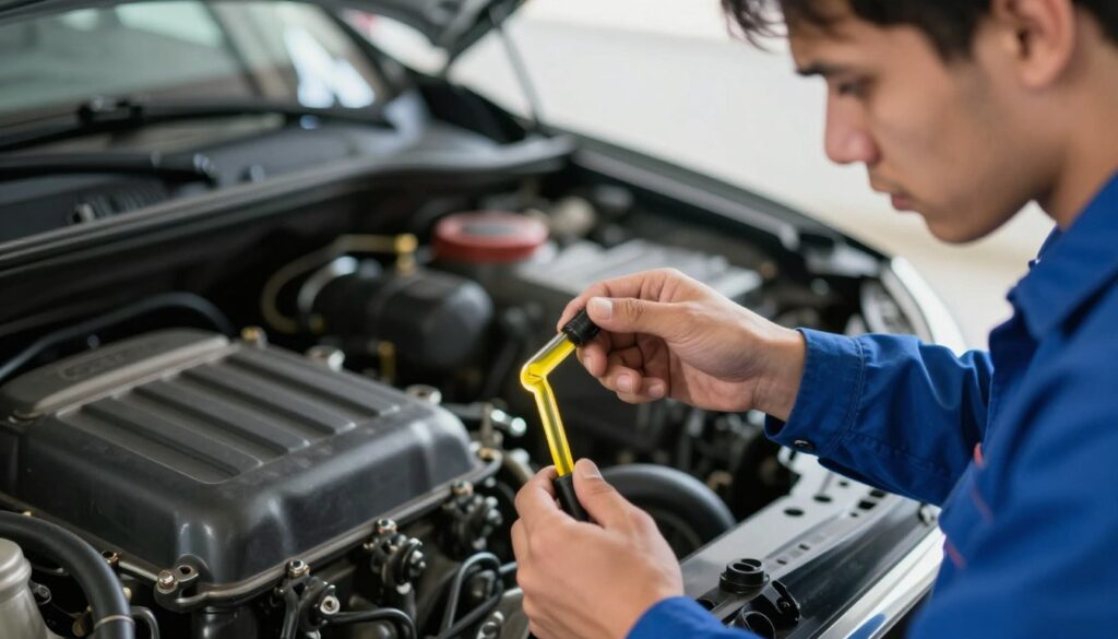A close-up view of a car engine oil dipstick being pulled out, showing an overfilled oil level marked in bright yellow oil against a background of a well-maintained engine compartment. In the foreground, a mechanic in a blue jumpsuit is inspecting the dipstick with a concerned expression, emphasizing the consequences of excess oil. The middle layer features various engine components, shiny and intricate, highlighting the mechanics involved. In the background, soft lighting creates a focused atmosphere, with a slight vignette effect to draw attention to the dipstick and the mechanic’s face. The overall mood is serious and informative, aimed at conveying the importance of maintaining the correct oil level in a vehicle. A close-up view of a car engine oil dipstick being pulled out, showing an overfilled oil level marked in bright yellow oil against a background of a well-maintained engine compartment. In the foreground, a mechanic in a blue jumpsuit is inspecting the dipstick with a concerned expression, emphasizing the consequences of excess oil. The middle layer features various engine components, shiny and intricate, highlighting the mechanics involved. In the background, soft lighting creates a focused atmosphere, with a slight vignette effect to draw attention to the dipstick and the mechanic’s face. The overall mood is serious and informative, aimed at conveying the importance of maintaining the correct oil level in a vehicle.