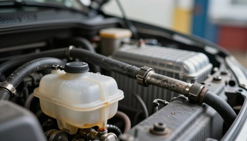 A close-up view of a car's cooling system, highlighting various potential causes of coolant loss such as small leaks, corrosion, and damaged hoses. In the foreground, focus on a transparent coolant reservoir with a slight leak at the bottom, surrounded by droplets. In the middle ground, include well-worn hoses and clamps showing signs of wear, alongside a shiny, clean radiator. The background features a blurred garage environment with soft lighting, enhancing the technical atmosphere. The scene is captured with a macro lens to emphasize details, casting subtle shadows that create depth. The overall mood is informative and professional, suitable for a technical article illustration, while avoiding any human subjects.