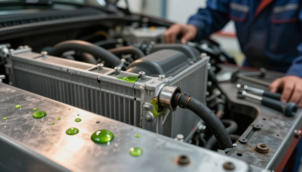 A close-up view of a car's cooling system showing signs of coolant leakage. In the foreground, droplets of green coolant gather on a metal surface, illuminated by warm overhead light. The middle section features a partially disassembled radiator with visible cracks and damaged hoses, highlighting potential leak points. In the background, tools are scattered on a workbench, with a blurred mechanic in professional attire analyzing the cooling system. The atmosphere conveys a sense of urgency and focus, with soft shadows depicting a workshop environment. Ensure the lighting captures the reflective qualities of the liquid while maintaining a sharp focus on the signs of leakage, enhancing the technical details.