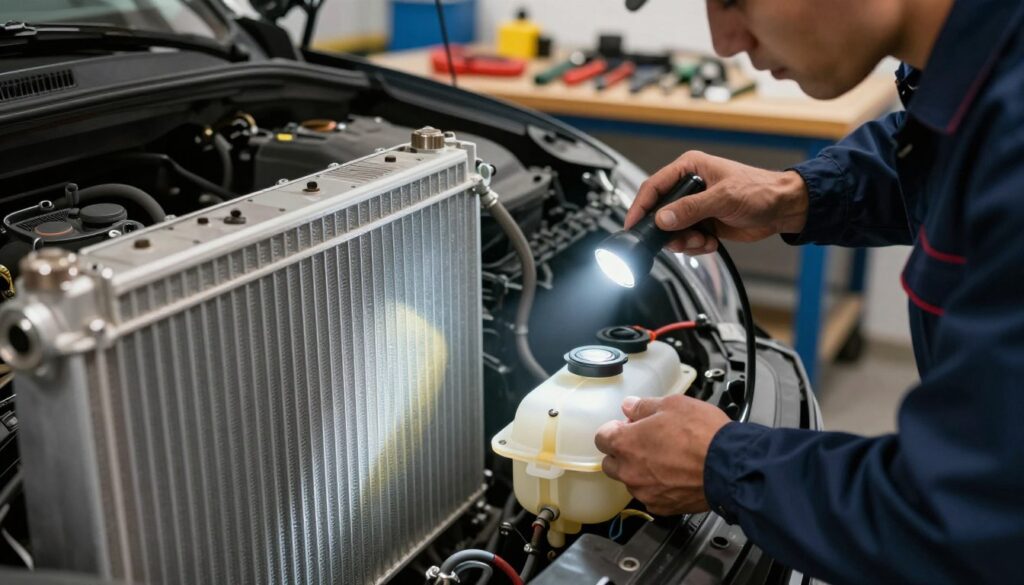 A close-up view of a car's radiator and expansion tank being diagnosed for coolant leaks. The foreground features a mechanic in a dark blue uniform, inspecting the components with a flashlight. The middle ground displays a detailed radiator with visible coolant hoses, while the expansion tank shows fluid levels and potential leaks. In the background, tools are organized neatly on a workbench, with soft overhead workshop lighting casting a warm glow, creating an atmosphere of focus and professionalism. The angle captures details of the mechanics' hands working carefully, highlighting the intricate parts of the cooling system. The image emphasizes precision, expertise, and a methodical approach to vehicle maintenance.