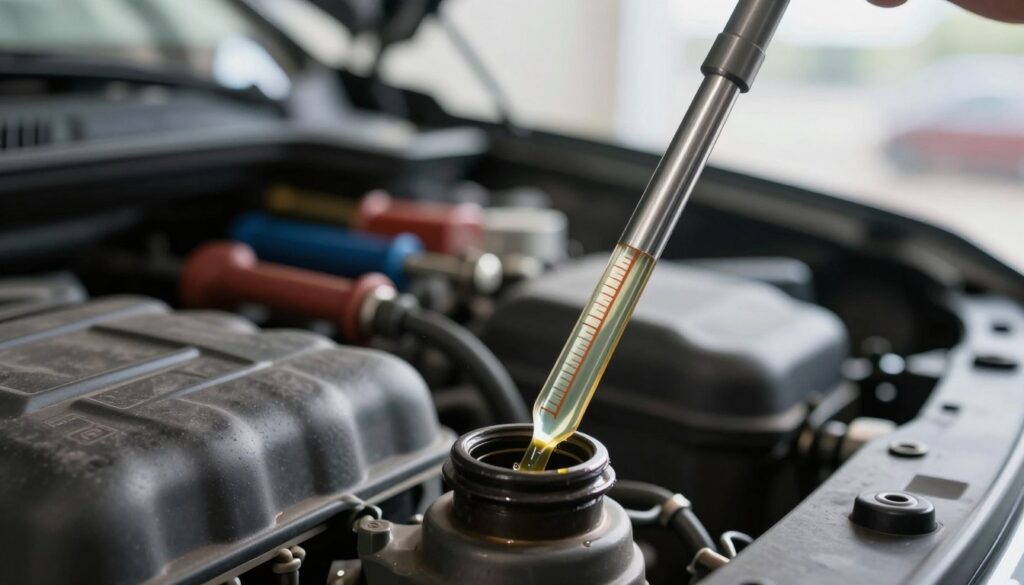 A close-up view of a clean, shiny dipstick being pulled from an engine's oil filler neck, with a clear indication of the oil level marked on the dipstick. The foreground focuses on the dipstick, showing detailed markings and a drop of fresh oil clinging to its edge. In the middle ground, the engine compartment is visible with organized tools nearby, highlighting a well-maintained vehicle. The background features soft, diffused lighting to create a professional atmosphere, simulating a workshop environment. The angle is slightly tilted, emphasizing both the dipstick and the engine, conveying a sense of careful inspection. The mood is informative and focused, suitable for an instructional context. A close-up view of a clean, shiny dipstick being pulled from an engine's oil filler neck, with a clear indication of the oil level marked on the dipstick. The foreground focuses on the dipstick, showing detailed markings and a drop of fresh oil clinging to its edge. In the middle ground, the engine compartment is visible with organized tools nearby, highlighting a well-maintained vehicle. The background features soft, diffused lighting to create a professional atmosphere, simulating a workshop environment. The angle is slightly tilted, emphasizing both the dipstick and the engine, conveying a sense of careful inspection. The mood is informative and focused, suitable for an instructional context.
