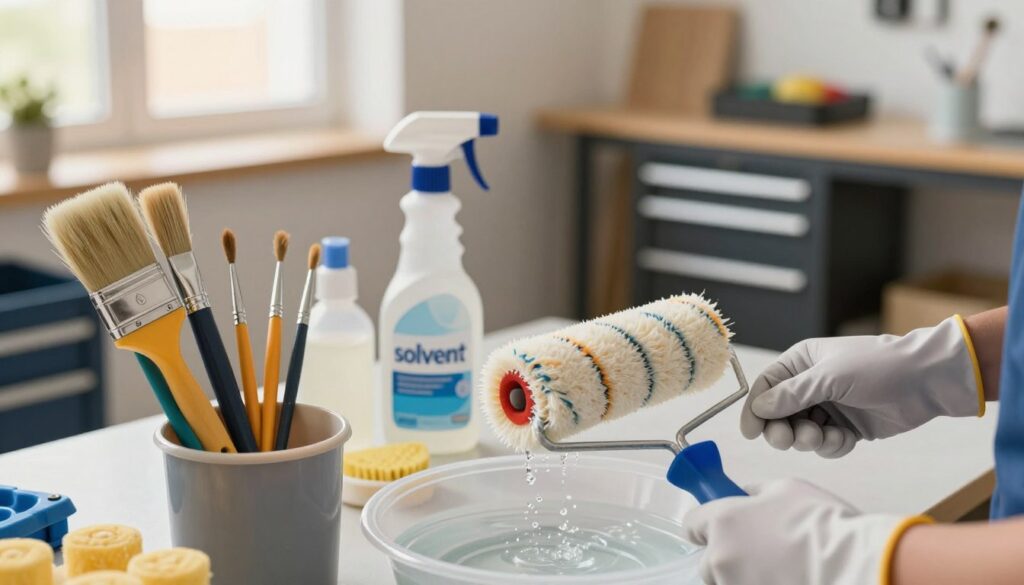 A close-up view of a clean workspace focused on tool cleaning, showcasing a set of paintbrushes and rollers resting in a container filled with a suitable solvent. In the foreground, a pair of gloved hands gently scrub a paint roller with a brush, creating a splash of color. The middle section features an assortment of cleaning supplies, including a spray bottle labeled 'solvent' and a small basin of water, all arranged neatly. In the background, a well-lit workshop with tool racks and rolling carts gives a professional atmosphere. Soft, natural light filters through a nearby window, illuminating the scene with a warm glow, evoking a sense of diligence and care in maintenance. No text or signatures are present, ensuring focus on the tools and cleaning process.