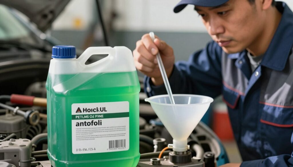 A close-up view of a coolant reservoir, filled with bright green antifreeze liquid, showcasing its clarity and color. In the foreground, a well-maintained label indicating the fluid's type, placed next to a clean, shiny funnel used for filling. In the middle ground, a mechanic in professional attire examining the coolant level with a dipstick, looking intently involved in their task. The background should feature a cluttered but organized automotive workshop with tools and equipment subtly blurred to keep the focus on the coolant. The lighting is bright and natural, highlighting the sheen of the coolant while casting soft shadows, creating a clean, professional atmosphere perfect for a mechanical setting. A close-up view of a coolant reservoir, filled with bright green antifreeze liquid, showcasing its clarity and color. In the foreground, a well-maintained label indicating the fluid's type, placed next to a clean, shiny funnel used for filling. In the middle ground, a mechanic in professional attire examining the coolant level with a dipstick, looking intently involved in their task. The background should feature a cluttered but organized automotive workshop with tools and equipment subtly blurred to keep the focus on the coolant. The lighting is bright and natural, highlighting the sheen of the coolant while casting soft shadows, creating a clean, professional atmosphere perfect for a mechanical setting.