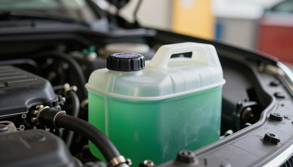 A close-up view of a coolant reservoir in a modern car, focusing on the translucent container partially filled with bright green coolant fluid. The foreground features the reservoir cap prominently, with a hint of condensation suggestive of temperature variations. In the middle ground, visible hoses connect to the engine compartment, showcasing a well-maintained engine environment. The background includes a blurred image of a garage, with soft industrial lighting casting a warm glow, evoking a sense of care and attention to vehicle maintenance. The overall atmosphere conveys a sense of reliability and technical precision in automotive care, highlighting the importance of monitoring coolant levels. The image should be sharp and high-resolution, taken from a slightly angled perspective to enhance depth.