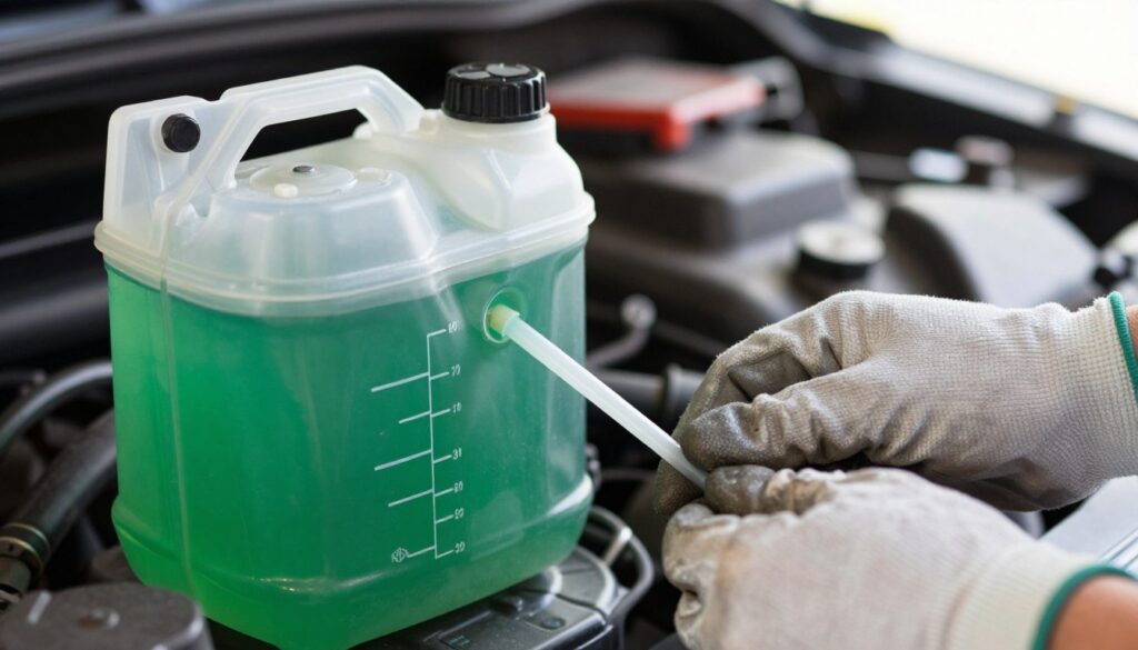 A close-up view of a coolant reservoir tank, showcasing the coolant fluid level inside. The tank is transparent, allowing a clear view of the vibrant green fluid, reflecting the light in a way that highlights its consistency and color. In the foreground, focus on the graduated markings on the side of the tank for precise level assessment. A mechanic's hand is gently holding a dipstick, poised to check the fluid level, dressed in a clean, professional work glove. The background features a softly blurred automotive setting, including tools and parts, bathed in soft, natural lighting that gives a practical yet inviting atmosphere. The angle of the shot should emphasize the tank and the hand, invoking a sense of diligence and care in vehicle maintenance.