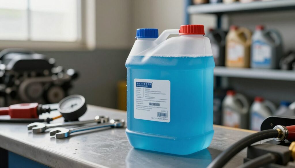 A close-up view of a coolant reservoir tank with vibrant blue antifreeze liquid inside, set on a workbench in a well-lit automotive garage. In the foreground, include intricate details such as the tank’s markings and connecting hoses. The middle ground should feature tools like wrenches and thermometers, hinting at engine maintenance. The background should have shelves lined with oil containers and a blurred engine for context. Soft natural lighting filters through a window, casting gentle reflections on the coolant, creating a clean, professional atmosphere. Emphasize clarity and precision, inviting a sense of curiosity about engine cooling systems and their safe handling.
