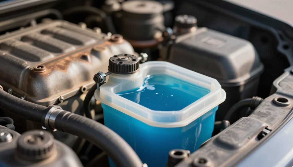 A close-up view of a coolant reservoir with vibrant blue liquid inside, located in an automotive engine bay. The foreground features detailed components like rubber hoses and metallic parts catching reflections of light. In the middle ground, there are signs of heat damage, such as discoloration on engine components, hinting at past overheating issues. The background is slightly blurred, showing the overall engine compartment with soft shadows suggesting a warm environment. The lighting is bright, simulating daylight to highlight the coolant's color and the texture of the materials around it. The atmosphere conveys a sense of urgency and concern, emphasizing the importance of maintaining the cooling system to prevent engine failure.