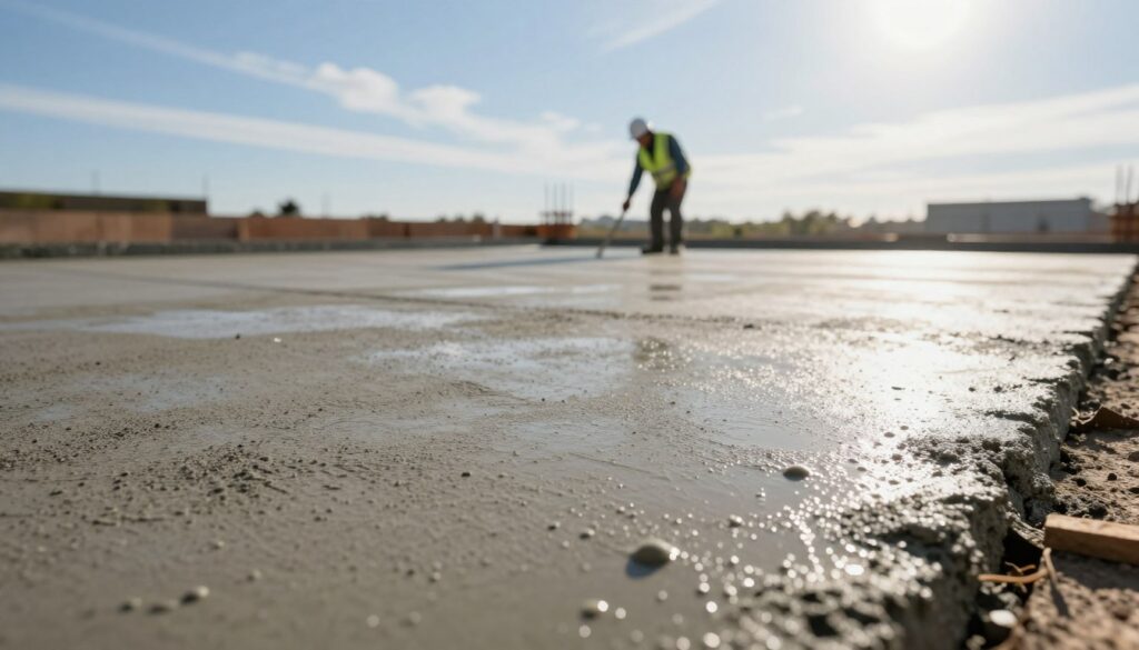 A close-up view of a freshly poured concrete slab drying under natural sunlight. In the foreground, the textured surface of the wet concrete shows fine droplets of water evaporating, hinting at the curing process. The middle ground features a construction worker in a safety vest and hard hat, inspecting the concrete, symbolizing the importance of monitoring drying conditions. The background reveals a clear blue sky with wispy clouds, emphasizing favorable weather for concrete curing. Soft, warm sunlight casts subtle shadows, creating a calming and professional atmosphere. The angle is slightly elevated, allowing for a clear view of both the worker and the drying concrete, highlighting the interaction between human activity and material science in construction.