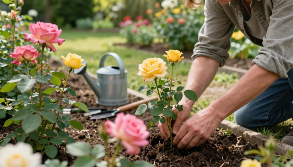 A close-up view of a gardener carefully tending to freshly transplanted rose bushes in a sunlit garden. In the foreground, vibrant pink and yellow rose blossoms are highlighted among the lush green leaves while the gardener, dressed in modest casual clothing, gently adjusts the soil around the roots. The midground features a small watering can and gardening tools scattered on the ground, suggesting recent activity. In the background, a beautifully landscaped garden showcases a few other flowering plants, adding depth to the scene. Soft, natural lighting filters through the trees, creating a tranquil and nurturing atmosphere. The angle is slightly elevated to capture the depth of the garden while focusing on the care given to the roses.